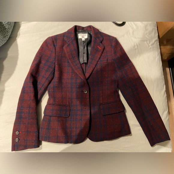 Iness de la Fressange burgundy and navy plaid wool blazer size XXS - Picture 3 of 8